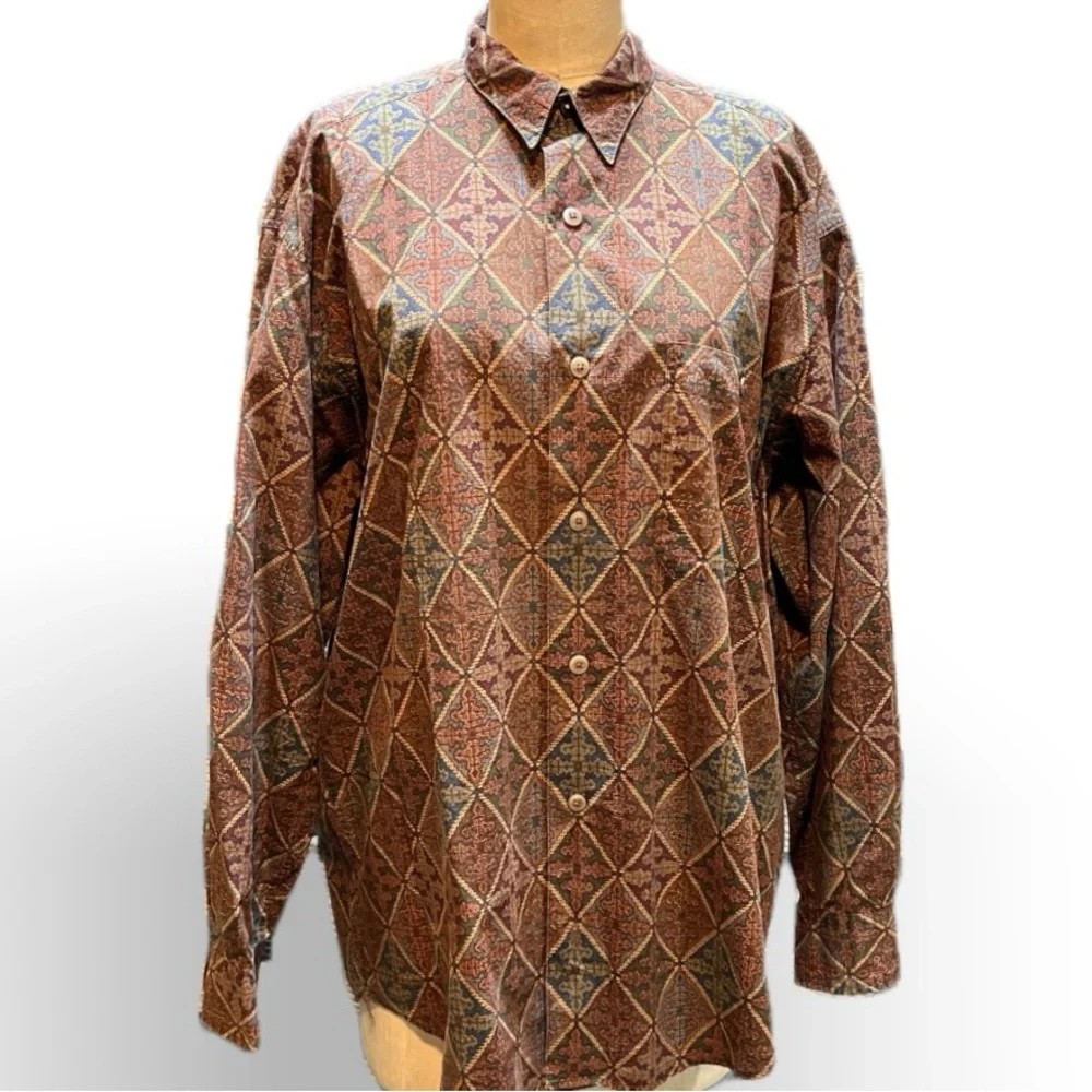 VINTAGE 80s Banana Republic Safari 100% cotton button down‎ shirt argyle diamond